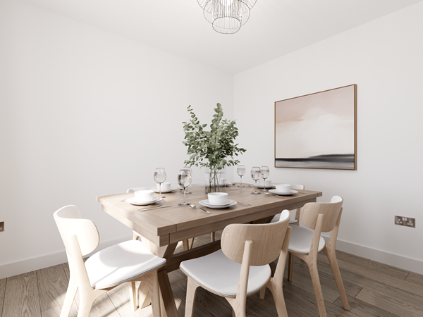 Minimalist dining room with wooden table, six chairs, white walls, modern artwork and natural light for a bright space
