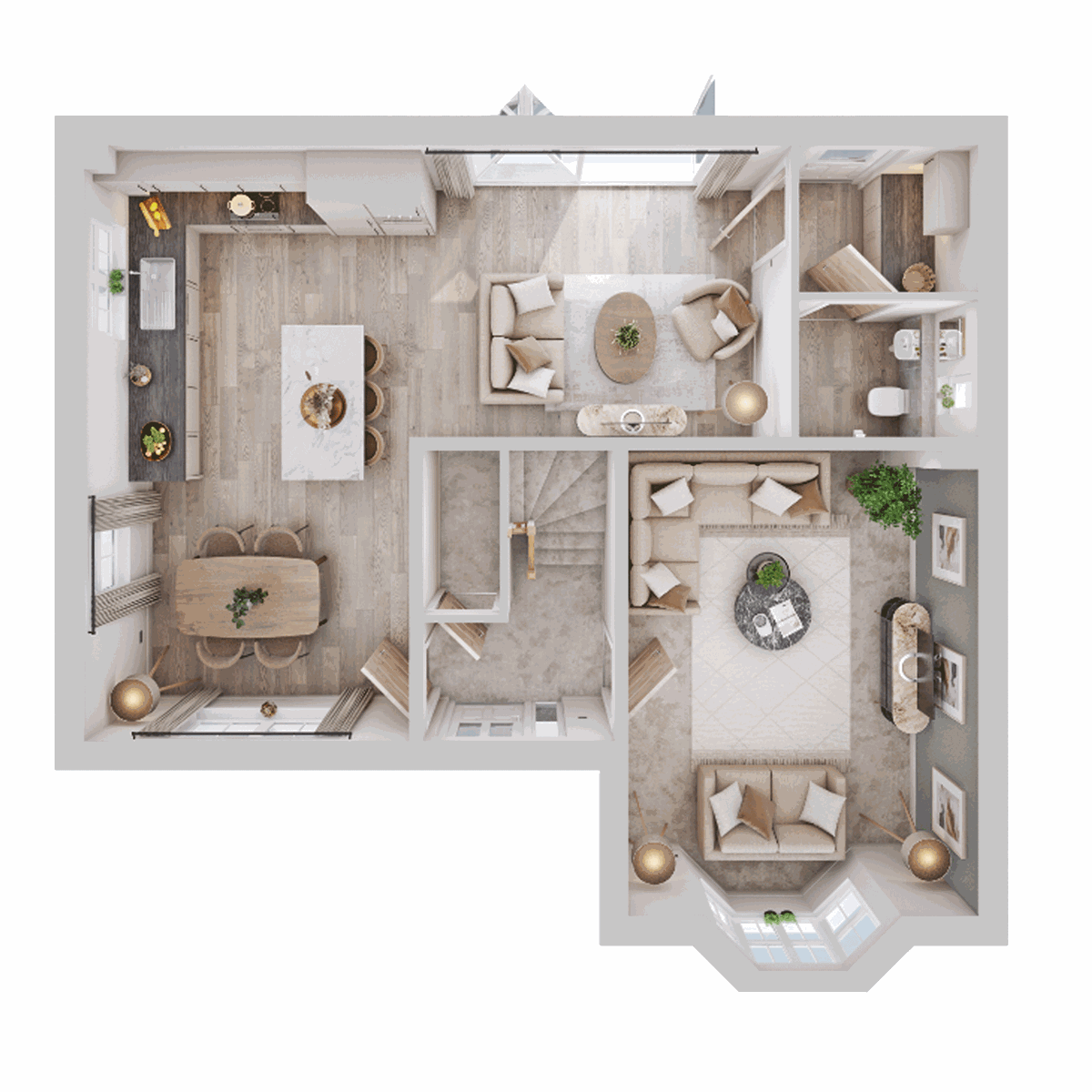 Ground floor plan showing an open-plan kitchen and dining area, snug, living room and hallway.