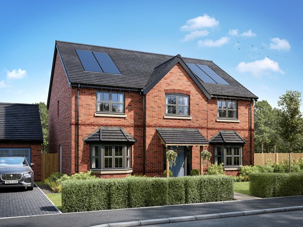Red brick detached house with grey tiled roof, white-framed windows, landscaped front garden and paved driveway