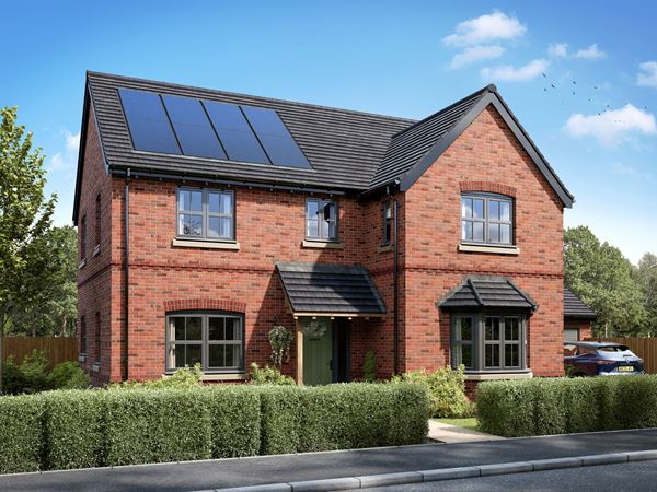 An exterior shot of the Bamburgh, a four-bedroom premium new home by Charles Church against a blue sky with lavender plants.