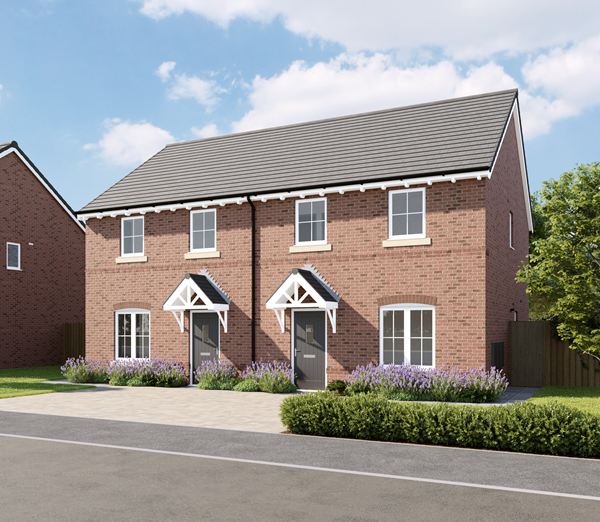 Front view of a modern semi-detached red brick house with two entrances, pitched grey tiled roof, white gable porch details, and landscaped front garden with purple flowers and green shrubs under a bright blue sky.