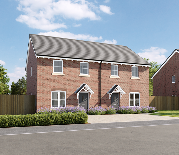 Red brick semi-detached home with pitched roof, white-framed windows, front garden with lavender, and paved driveway