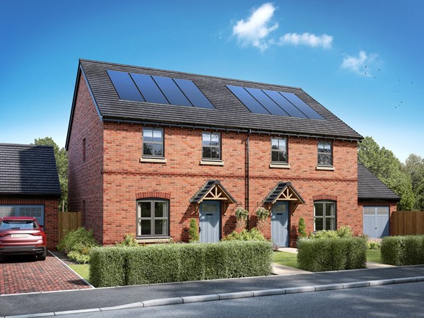 Red brick semi-detached home with pitched roof, white-framed windows, front garden with lavender, and paved driveway