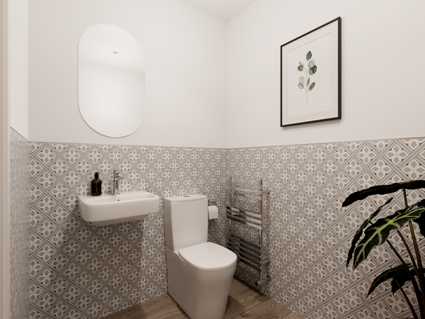 Modern WC with grey patterned tiles, wall-mounted sink, white toilet, chrome towel rail, and framed botanical artwork