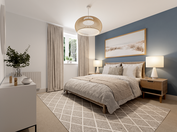 Stylish bedroom with blue feature wall, double bed, neutral décor, bedside tables and large window with curtains