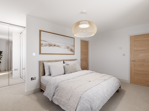Contemporary bedroom with a large bed dressed in neutral bedding and cushions. A wooden frame and matching bedside tables add warmth, complemented by a woven pendant light. A wide mirror wardrobe reflects natural light from the window.