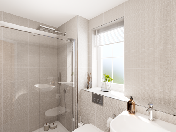 Elegant en-suite bathroom with light gray textured tiles, a glass-enclosed shower, and a wall-mounted sink beneath a small window with blinds. A white toilet is positioned on the right, and decorative items like a reed diffuser and plant add style.