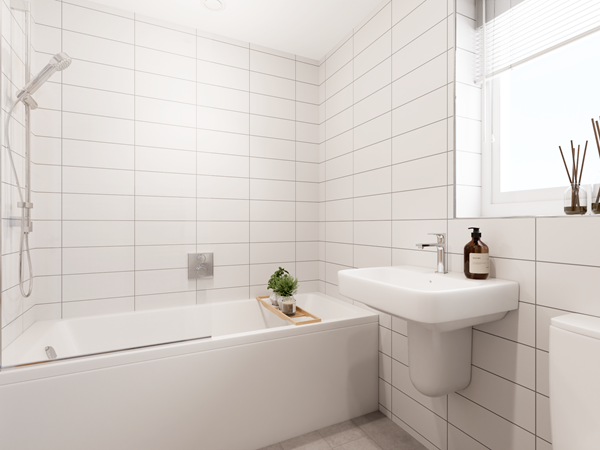 Modern bathroom with white tiled walls, bathtub with shower, wall-mounted sink and window with natural light