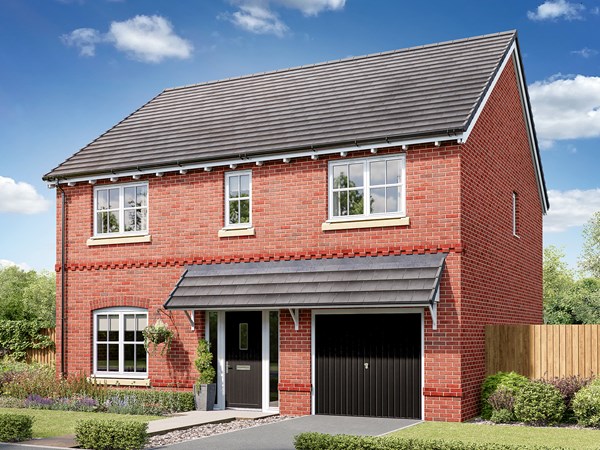 Red brick detached house with grey tiled roof, black garage door, white-framed windows and landscaped front garden under blue sky.