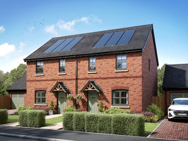The exterior of a two-bedroom Charles Church home with lavender planted by the door.