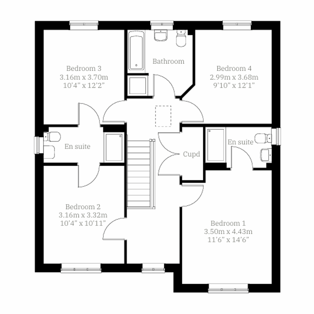 Hollicombe first floor plan at St Peter's Place with four bedrooms, two en suites and bathroom