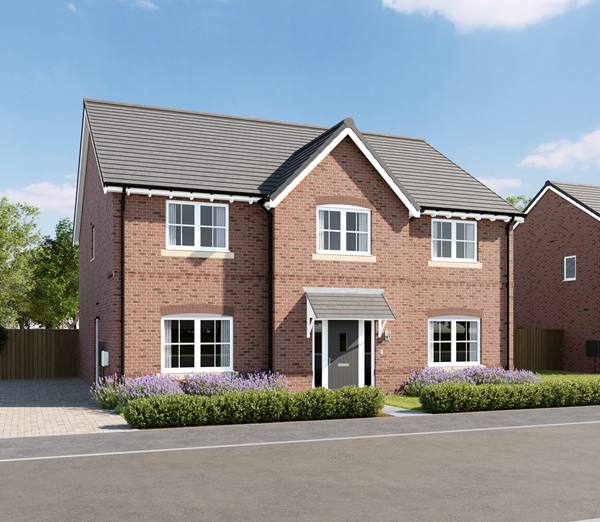 The exterior of a large detached premium new home, the Torrisdale, by Charles Church, against a blue sky.