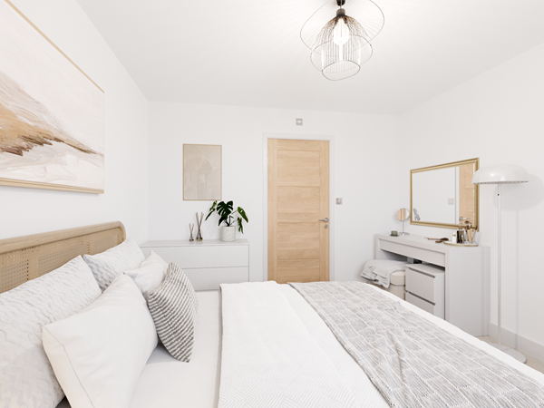 Bright modern bedroom with neutral décor, wooden bed frame, stylish pendant light and sleek dressing table