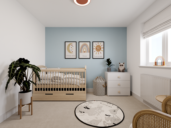 Bright nursery with wooden cot, blue feature wall, playful décor and natural light for a cosy modern children’s room.