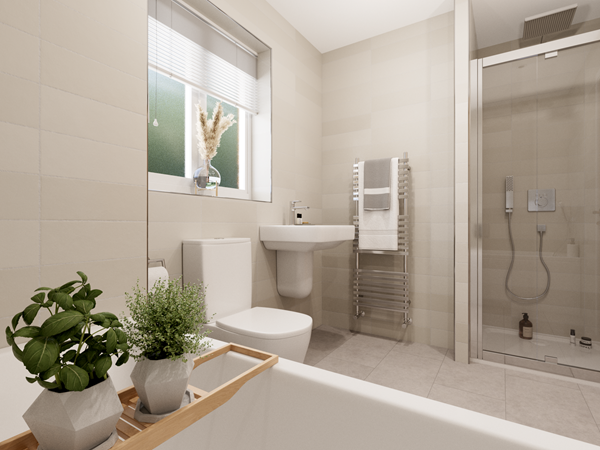 Modern bathroom with walk-in shower, white basin, towel radiator, frosted window and plants on bath tray.