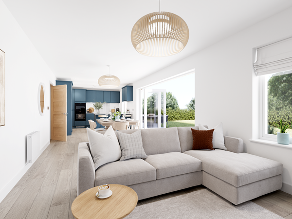 Bright open-plan living area with grey corner sofa, wooden flooring, dining space and modern blue kitchen units
