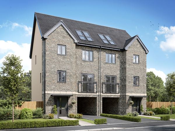 The exterior of a beautiful four bedroom three-storey Charles Church home against a blue sky.
