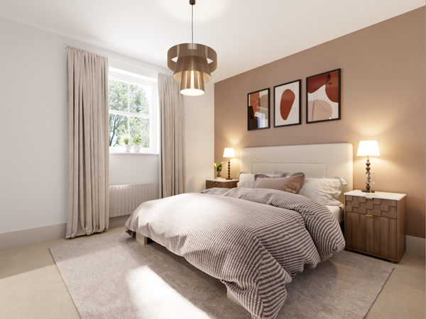 Bedroom one in the Hastings new build house type by Charles Church, with two bed side tables and a neutral decor. 
