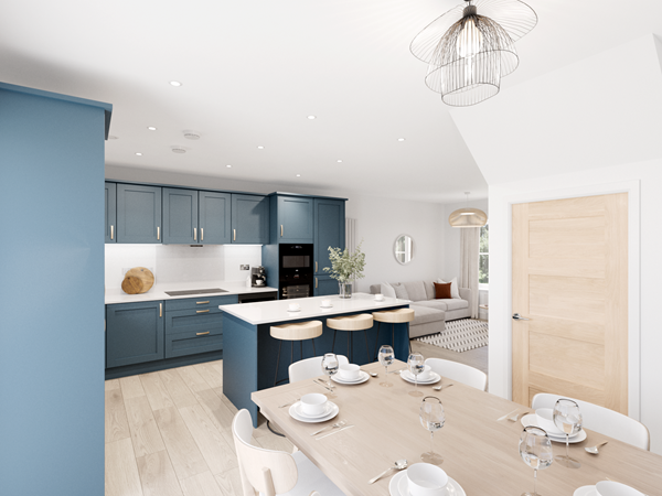 Open-plan kitchen and dining area with navy blue cabinets, white countertops, and a central island with wooden bar stools. A wooden dining table is set with plates, glasses, and cutlery. A wire-frame pendant light hangs above the table, and a light wood door is visible on the right.