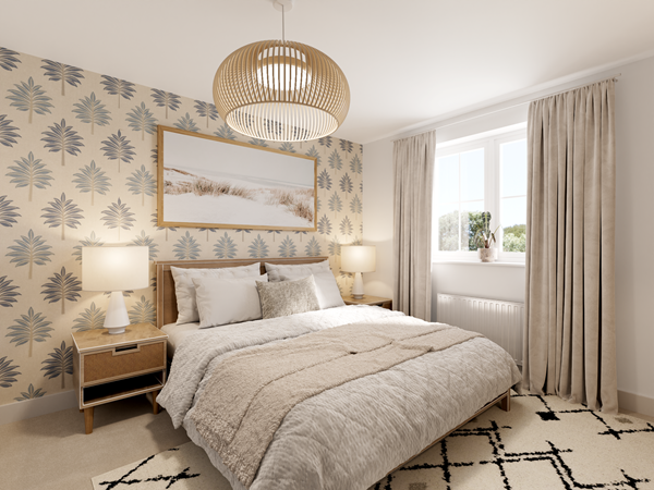 Cosy bedroom with patterned wallpaper, wooden bed frame, neutral bedding, bedside lamps and large window with curtains