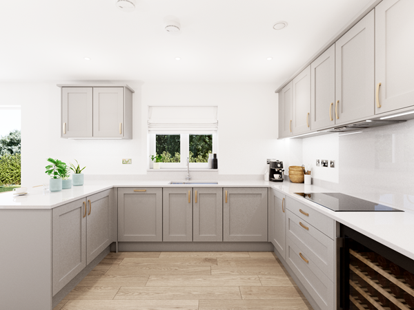 Modern U-shaped kitchen with grey shaker cabinets, white quartz worktops, wood flooring and integrated appliances