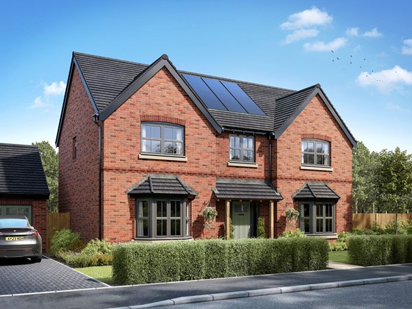 Two-story detached brick house with a gray tiled roof and solar panels. Features white-framed windows, a small porch with a gray front door, and a landscaped front garden with lavender plants. A paved driveway runs along the front.