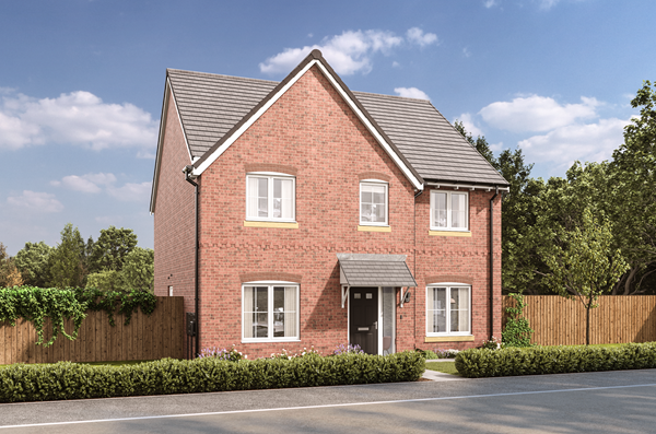 An exterior shot of a detached four-bedroom new home by Charles Church against a blue sky. 