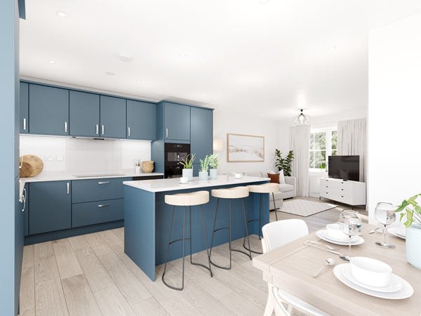 Modern open-plan kitchen with blue cabinets, breakfast bar and dining area leading to bright living room.