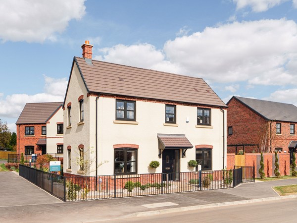 New build home with cream render, brick detailing and garden