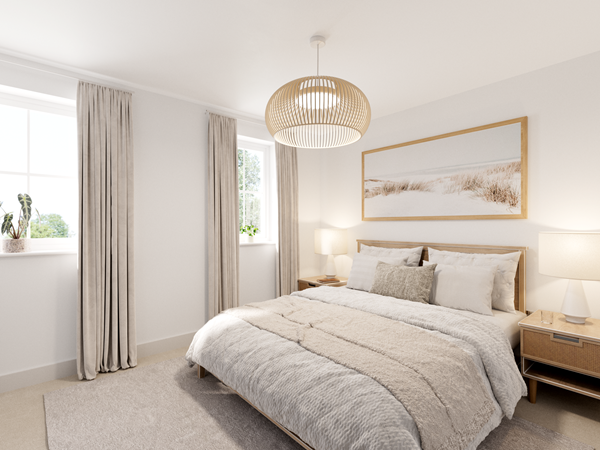 calm and airy bedroom in the cromer two-bedroom home featuring a double bed with neutral bedding, two windows with light curtains, and minimalist décor.