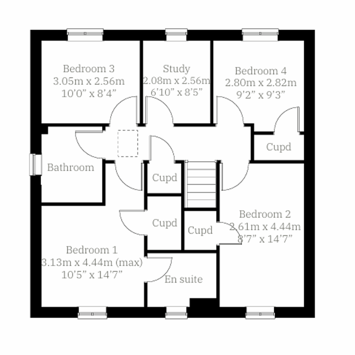 Hastings first floor plan at St Peter's Place with four bedrooms, study, en suite and bathroom