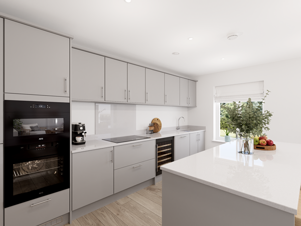 Modern kitchen with grey cabinets, white quartz worktops, built-in oven and island featuring fresh fruit and greenery
