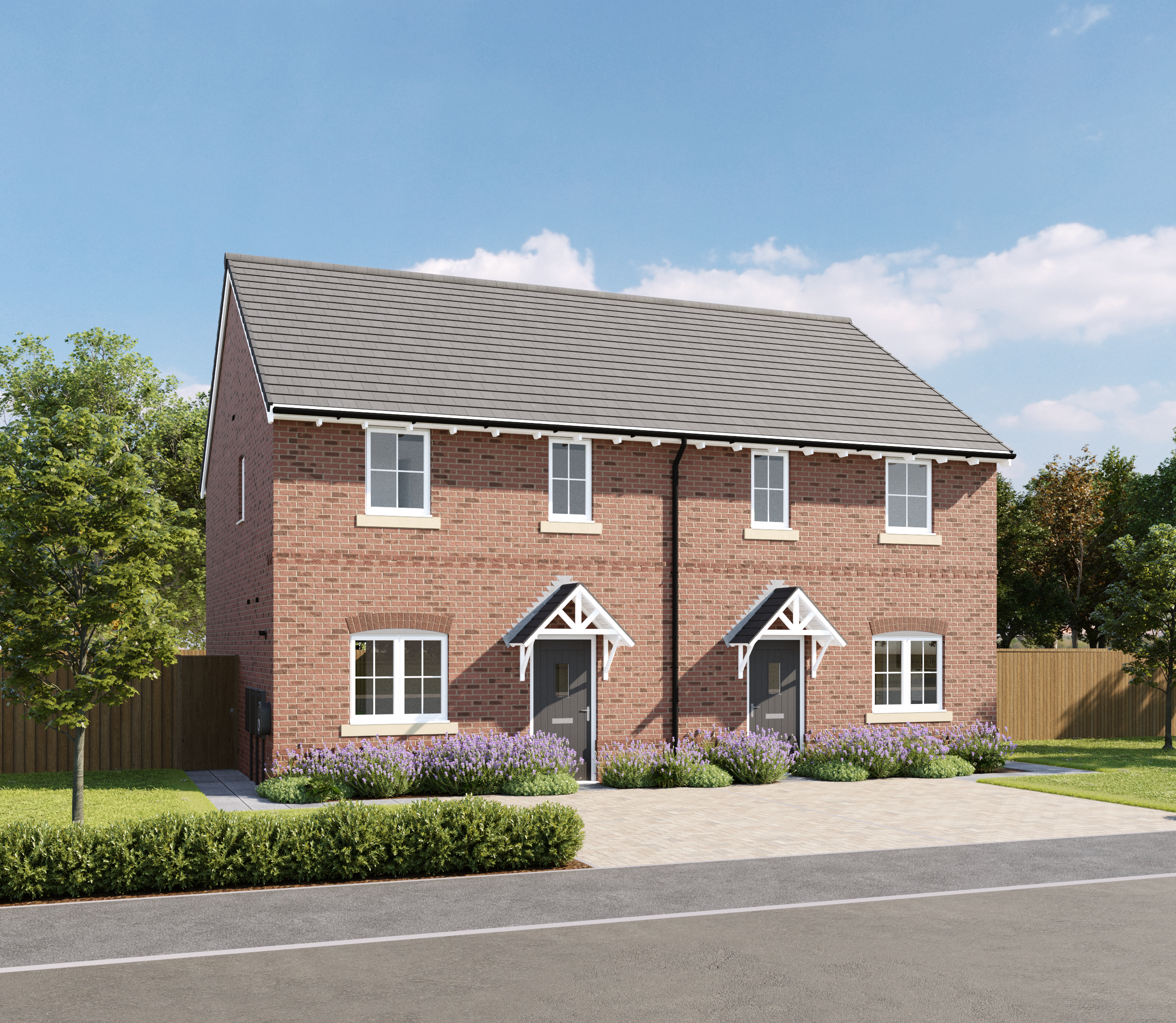 Modern red-brick semi-detached house with grey doors, pitched roof and landscaped front garden on a sunny day