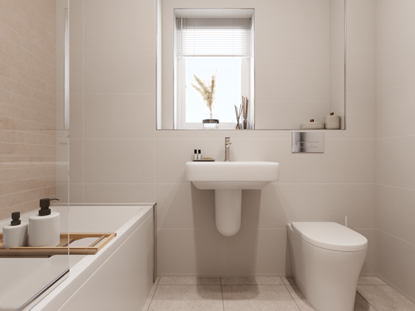 Contemporary bathroom with beige tiles, a white bathtub with a wooden tray, and a wall-mounted sink beneath a small window with blinds. A white toilet is positioned on the right, and decorative items like a reed diffuser and plant add a natural touch.