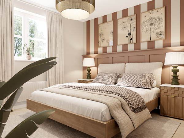 Contemporary bedroom with a large bed featuring a wooden frame and neutral bedding. A striped feature wall in warm tones adds character, complemented by matching bedside tables with lamps. Three botanical prints hang above the bed, and natural light streams through a window with light curtains.
