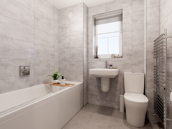 Contemporary bathroom with grey tiled walls, white bath and basin, chrome towel rail and window for natural light.