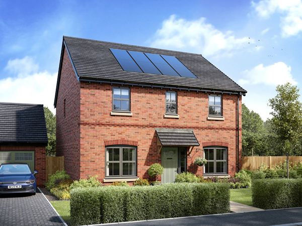 An exterior shot of the Portmellon, a premium new four bedroom home by Charles Church, against a blue sky.