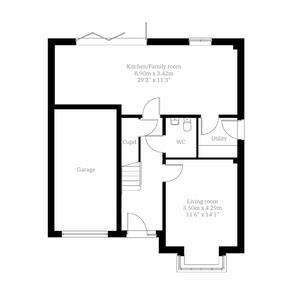 Hollicombe ground floor plan at St Peter's Place with kitchen/family room, living room, utility, WC, garage