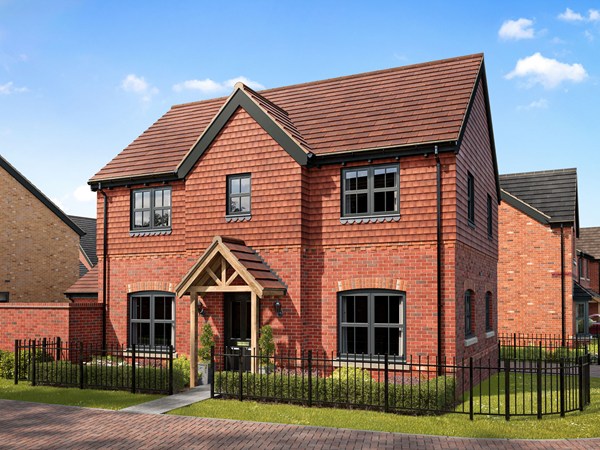 Front view of the Eskdale, a red-brick detached new build home at Monarch Walk with oak porch canopy.