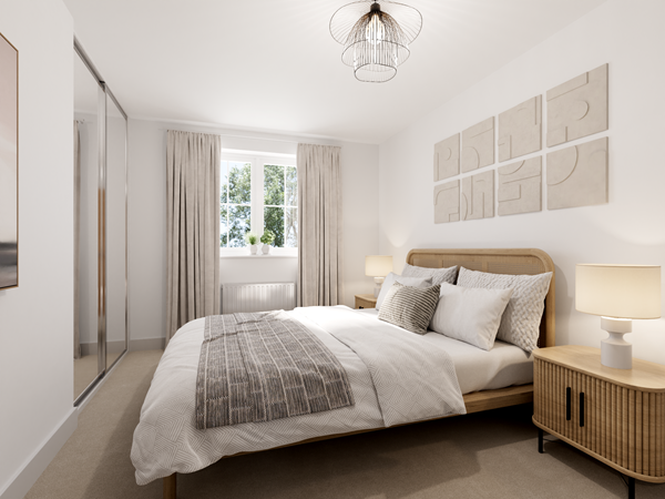 Bright bedroom with wooden bed frame, neutral bedding, mirrored wardrobe, bedside lamps and large window with curtains