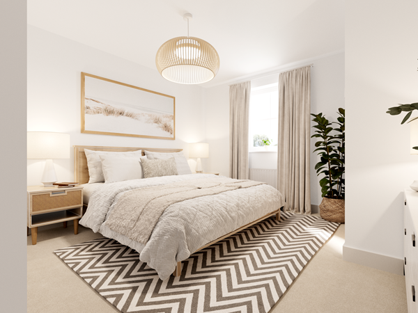 Bright bedroom with a large bed dressed in neutral bedding and cushions. A wooden headboard and bedside tables with lamps add warmth. A chevron-patterned rug covers the floor, and a woven pendant light hangs from the ceiling. A potted plant is placed in the corner.