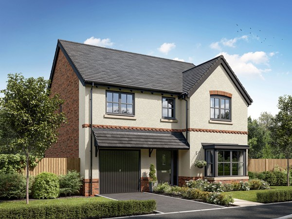 Front view of the Broadhaven new build home with integral garage at Manor Grove.