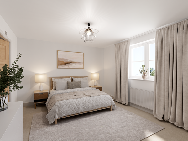 Bright bedroom with neutral décor, wooden bed frame, soft bedding, large window and elegant curtains for natural light