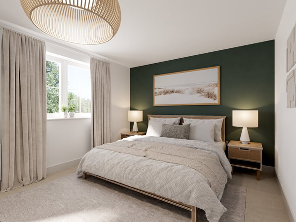 Modern bedroom with green feature wall, king-size bed, beige curtains, wooden bedside tables and soft neutral décor
