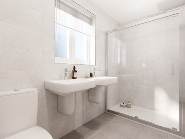 Bright ensuite bathroom with double basins, walk-in glass shower, white toilet and light grey tiled walls and floor