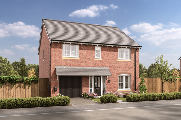 Modern red brick detached house with pitched roof, single garage and landscaped front garden under blue sky.