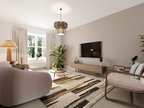 A stunning living room in a new build home by Charles Church, with a striped rug, retro furniture and a TV on the wall. 