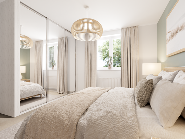 Inviting bedroom with mirrored wardrobes, large bed dressed in soft neutral tones, and natural light from two windows