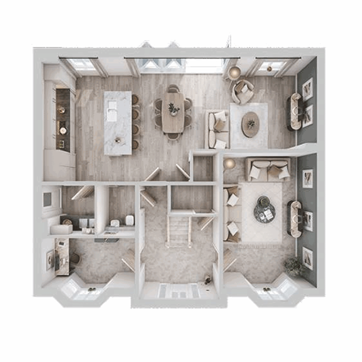 Ground floor plan of the Torrisdale showing kitchen, dining, living room and study.