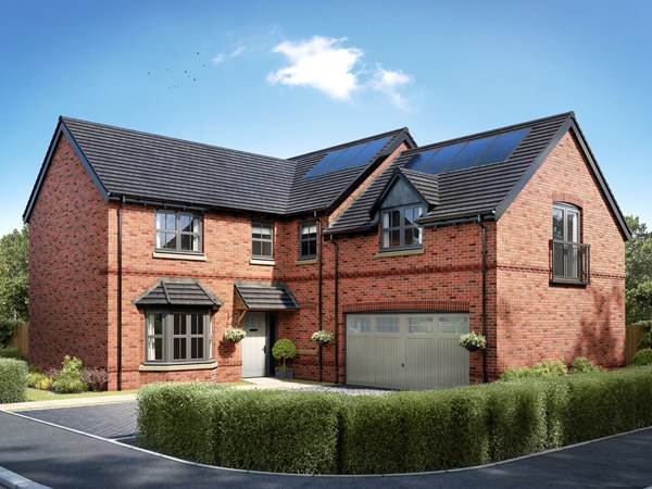 Large red brick detached house with grey tiled roof, black garage door, solar panels and landscaped front garden